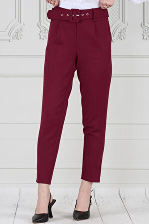 Beli Kemerli Pileli Kalem Pantolon-Bordo