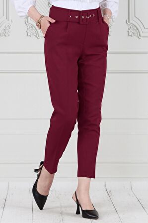 Beli Kemerli Pileli Kalem Pantolon-Bordo