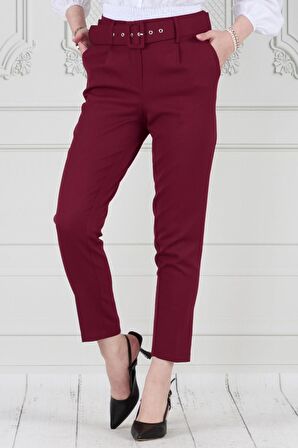 Beli Kemerli Pileli Kalem Pantolon-Bordo
