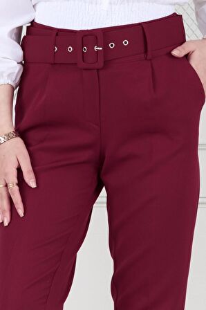 Beli Kemerli Pileli Kalem Pantolon-Bordo
