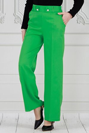 Kemeri Düğme Detaylı Bol Paça Pantolon-Yeşil