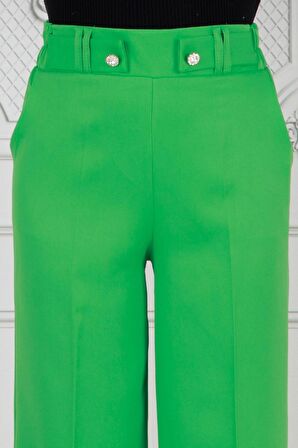 Kemeri Düğme Detaylı Bol Paça Pantolon-Yeşil