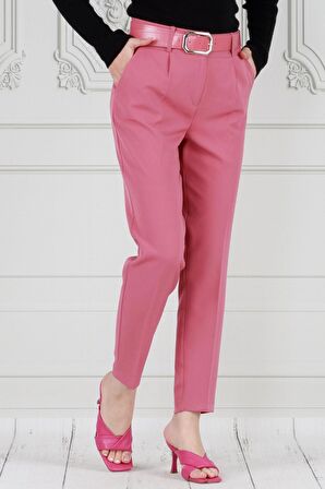 Beli Kemerli Kalem Pantolon-Pembe