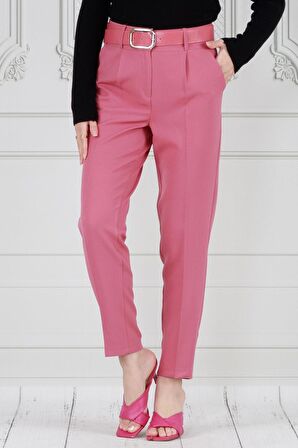 Beli Kemerli Kalem Pantolon-Pembe