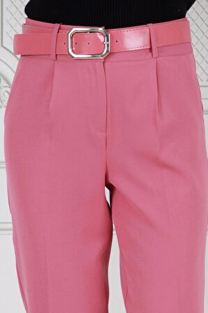 Beli Kemerli Kalem Pantolon-Pembe