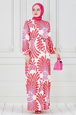 Neva Beli Kuşaklı Viscon Elbise-Fuşya