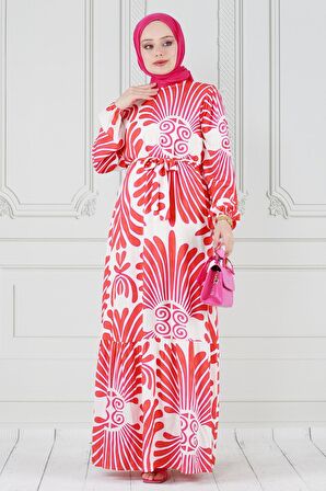 Neva Beli Kuşaklı Viscon Elbise-Fuşya