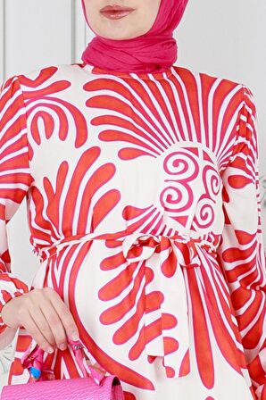 Neva Beli Kuşaklı Viscon Elbise-Fuşya