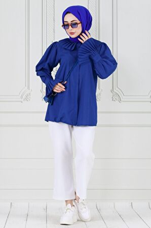 Gül Broşlu Kolu Fırfırlı Tunik-Mavi