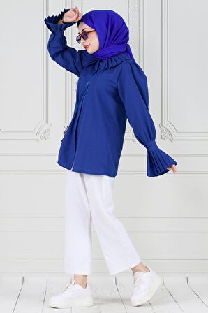 Gül Broşlu Kolu Fırfırlı Tunik-Mavi