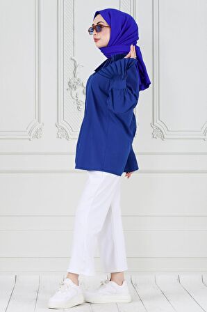 Gül Broşlu Kolu Fırfırlı Tunik-Mavi