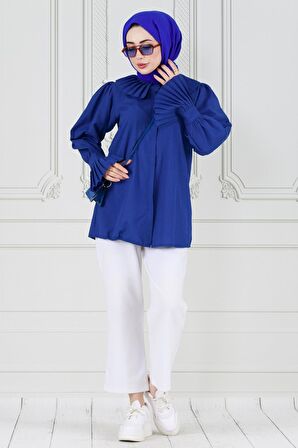 Gül Broşlu Kolu Fırfırlı Tunik-Mavi