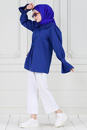 Gül Broşlu Kolu Fırfırlı Tunik-Mavi