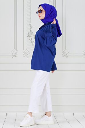 Gül Broşlu Kolu Fırfırlı Tunik-Mavi