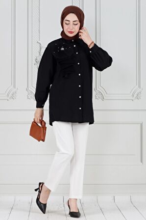 İnci Çakım Fırfırlı Tunik-Siyah
