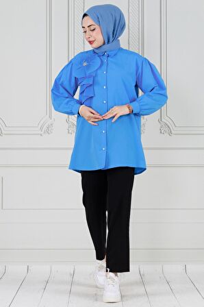 İnci Çakım Fırfırlı Tunik-Mavi