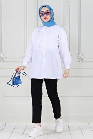 İnci Çakım Fırfırlı Tunik-Beyaz
