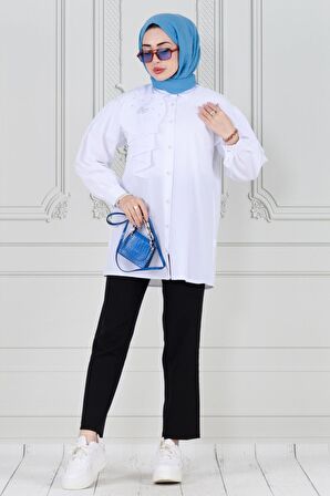 İnci Çakım Fırfırlı Tunik-Beyaz