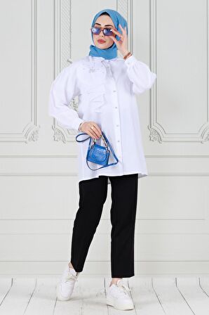 İnci Çakım Fırfırlı Tunik-Beyaz