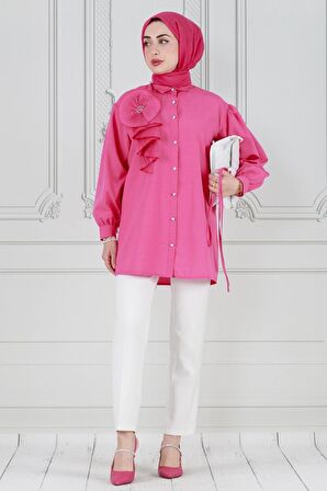 İnci Çakım Fırfırlı Tunik-Fuşya