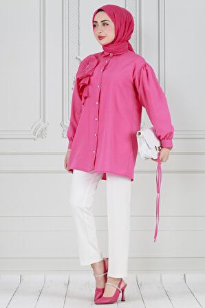 İnci Çakım Fırfırlı Tunik-Fuşya