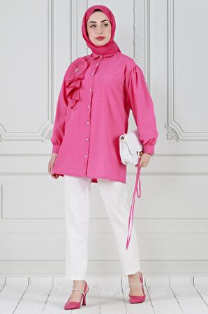 İnci Çakım Fırfırlı Tunik-Fuşya