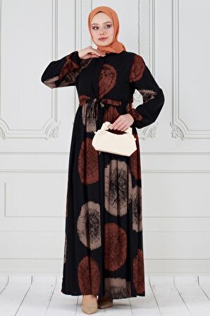 Gizli Düğmeli Dijital Baskı Viscon Elbise-VİZON