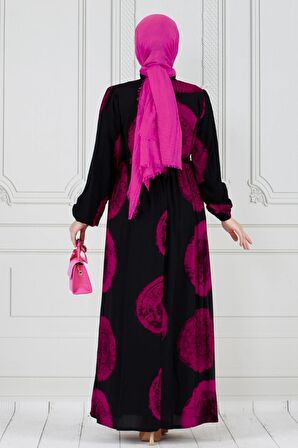 Gizli Düğmeli Dijital Baskı Viscon Elbise-Fuşya