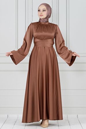Çapraz Kuşaklı Saten Abiye Elbise-Kahverengi