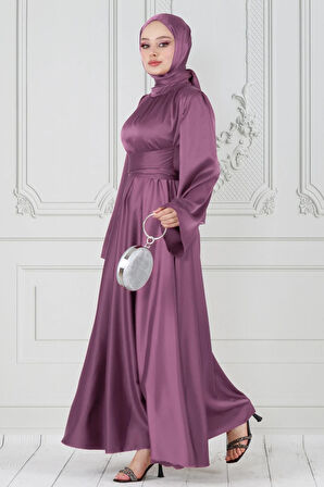 Çapraz Kuşaklı Saten Abiye Elbise-gülkurusu