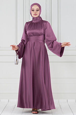 Çapraz Kuşaklı Saten Abiye Elbise-gülkurusu