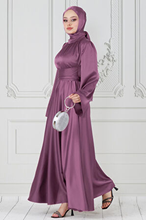 Çapraz Kuşaklı Saten Abiye Elbise-gülkurusu