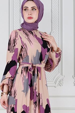 Fırça Darbeli Kuşaklı Viskon Elbise-Lila