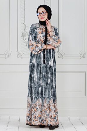 Robalı Manolya Viskon Elbise-Siyah