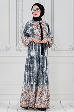 Robalı Manolya Viskon Elbise-Siyah