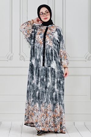 Robalı Manolya Viskon Elbise-Siyah