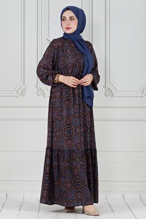 Çini Desen Beli Tünelli Viskon Elbise-Lacivert