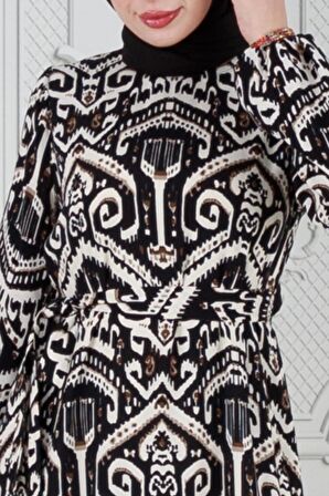 Motif Desen Beli Kuşaklı Viskon Elbise-Siyah