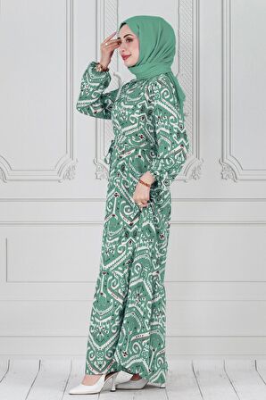 Motif Desen Beli Kuşaklı Viskon Elbise-Mint Yeşili
