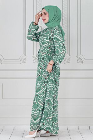 Motif Desen Beli Kuşaklı Viskon Elbise-Mint Yeşili