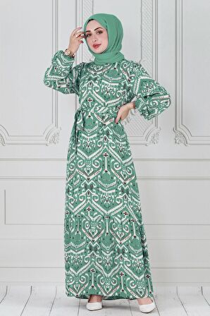 Motif Desen Beli Kuşaklı Viskon Elbise-Mint Yeşili