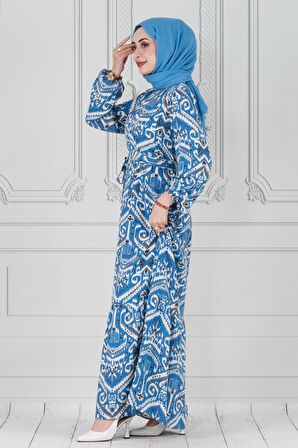Motif Desen Beli Kuşaklı Viskon Elbise-Mavi