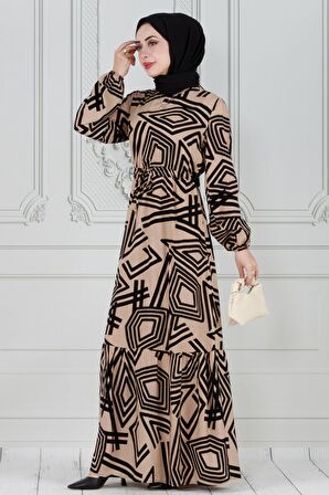 Geometrik Desenli Beli Tünelli Viscon Elbise-VİZON