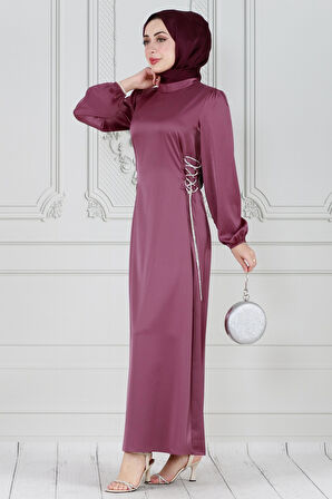 Bağcığı Taş Detaylı Saten Abiye-gülkurusu