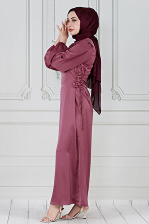 Yanı Bağcıklı Saten Abiye-gülkurusu