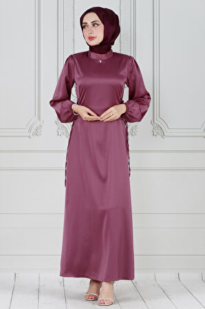 Yanı Bağcıklı Saten Abiye-gülkurusu