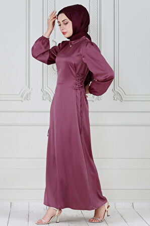 Yanı Bağcıklı Saten Abiye-gülkurusu