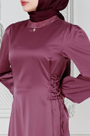 Yanı Bağcıklı Saten Abiye-gülkurusu