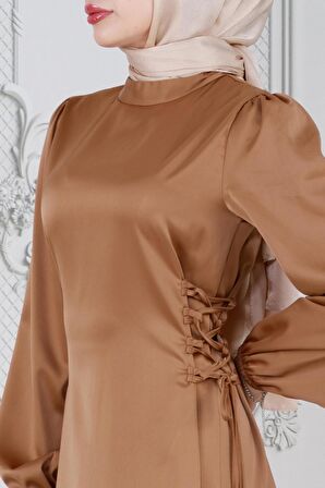 Yanı Bağcıklı Saten Abiye-Camel