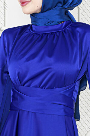 Çapraz Kuşaklı Saten Abiye Elbise-Saks Mavi